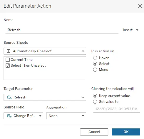 a change parameter dashboard action